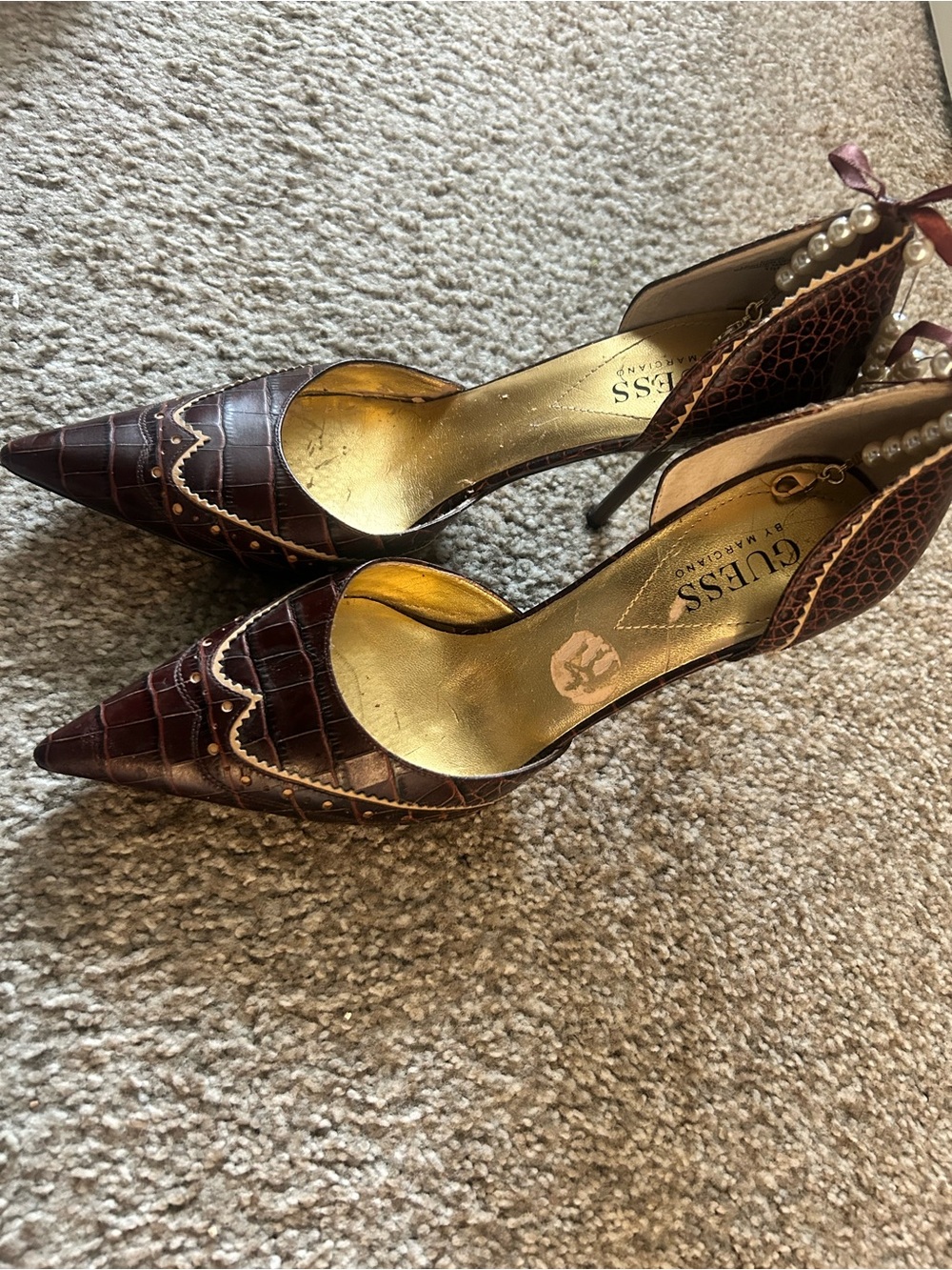 GUESS Burgundy Croc-Texture Pointed Toe Pumps with Pearl Back Detail